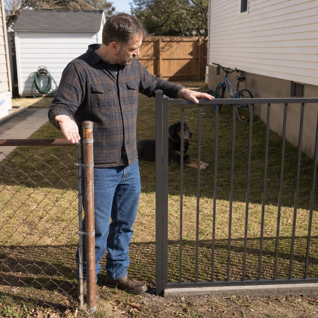 Aluminum fence next to a rusted chain link fence Man with his hand on a new gray aluminum picket fence beside an old rusted chain link fence, with a dog resting in the side yard