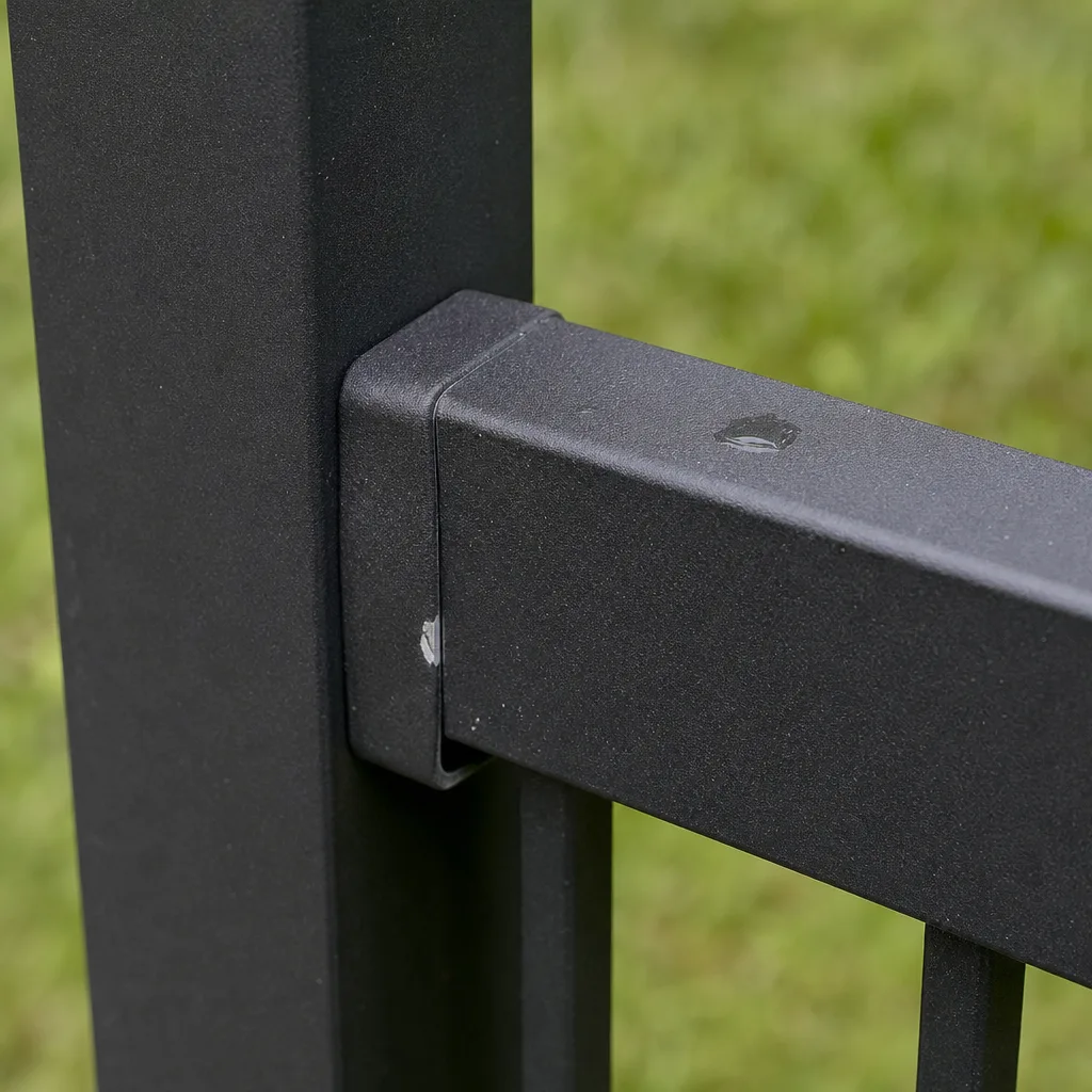 Black powder-coated aluminum fence rail and post close-up Close-up of a black powder-coated aluminum fence rail joined to a square post, with a green lawn behind