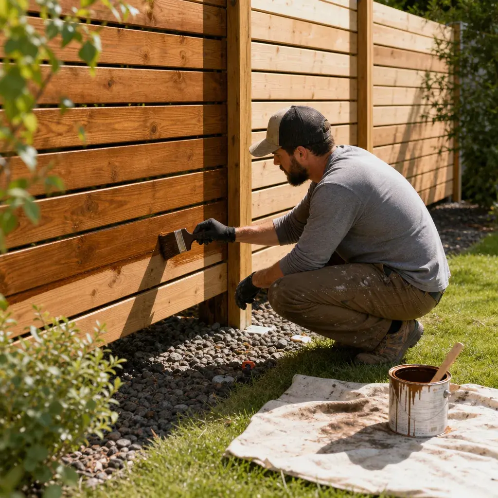 Man in a ball cap and gloves brushing stain onto a horizontal cedar fence board, with a stain can on a drop cloth in the grass