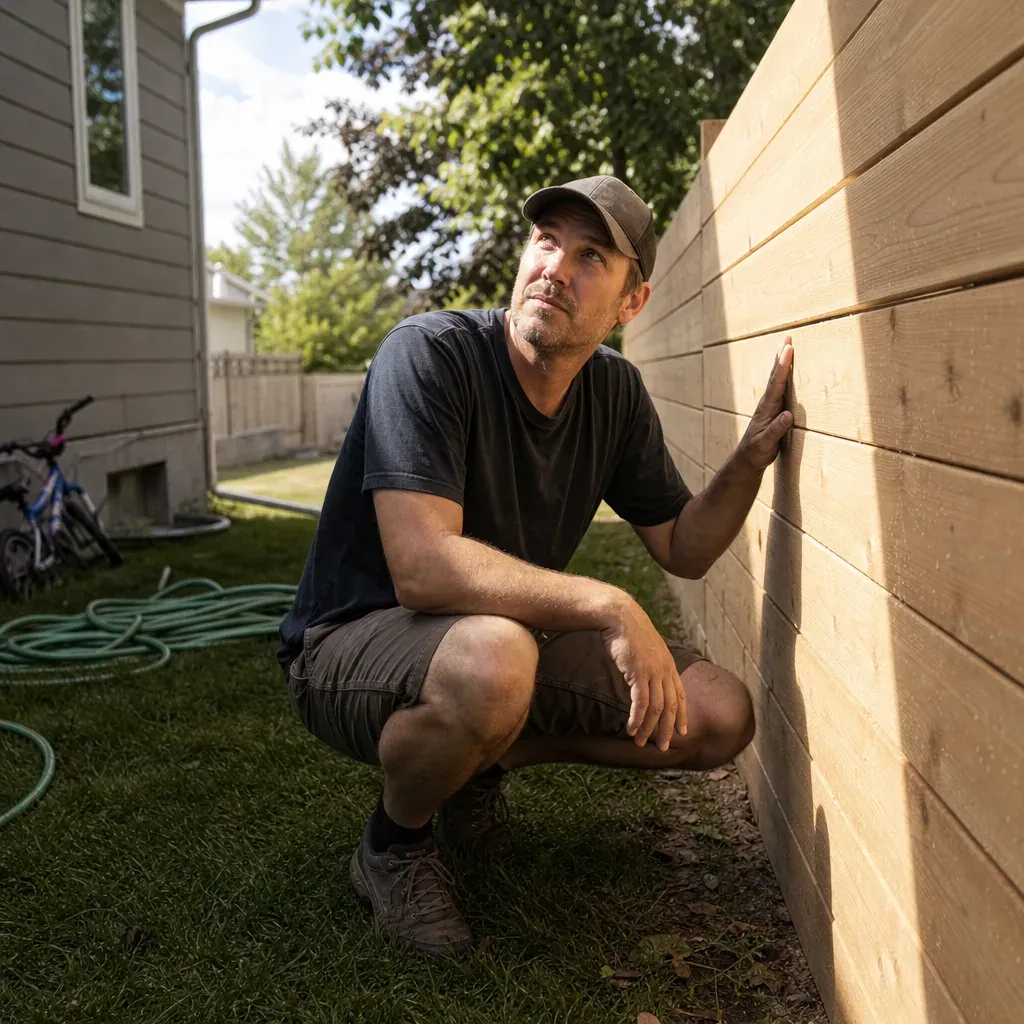 Man crouching beside a new horizontal-board cedar fence with his hand on a board, checking it before staining