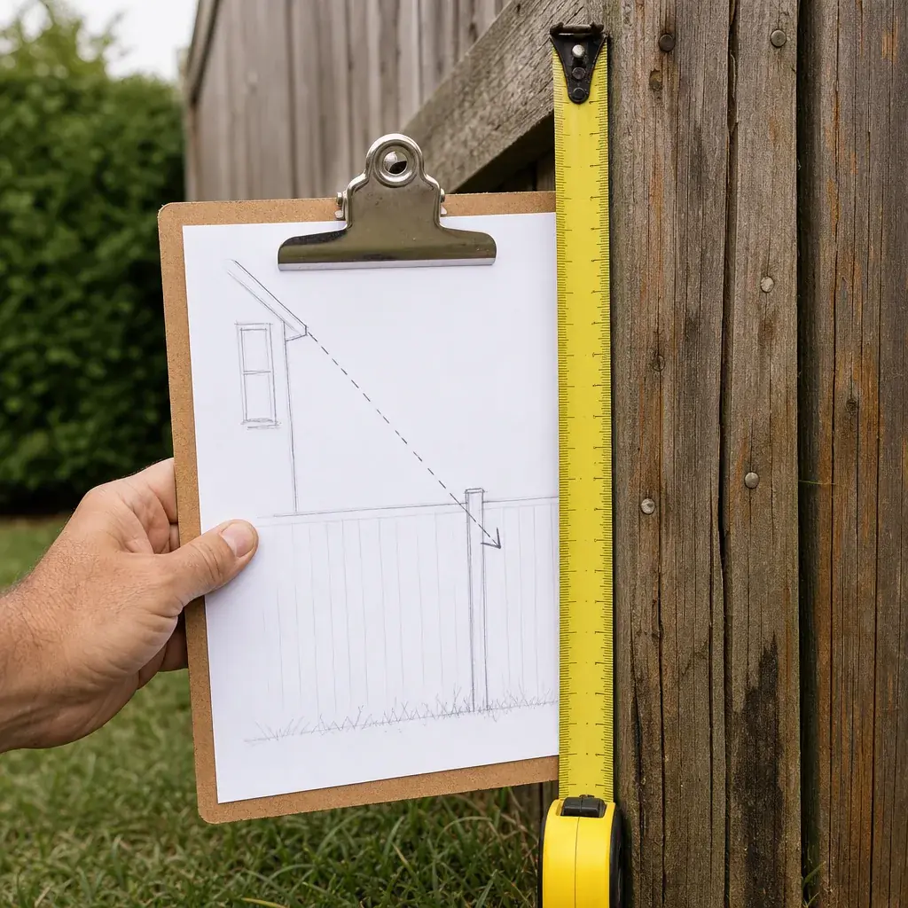 Sightline sketch and tape measure against a wood privacy fence Hand holding a clipboard with a sketch of a sightline from a second-story window over a fence, beside a yellow tape measure against a wood fence