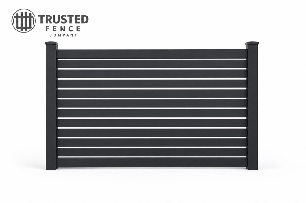 Black aluminum horizontal-slat privacy fence panel