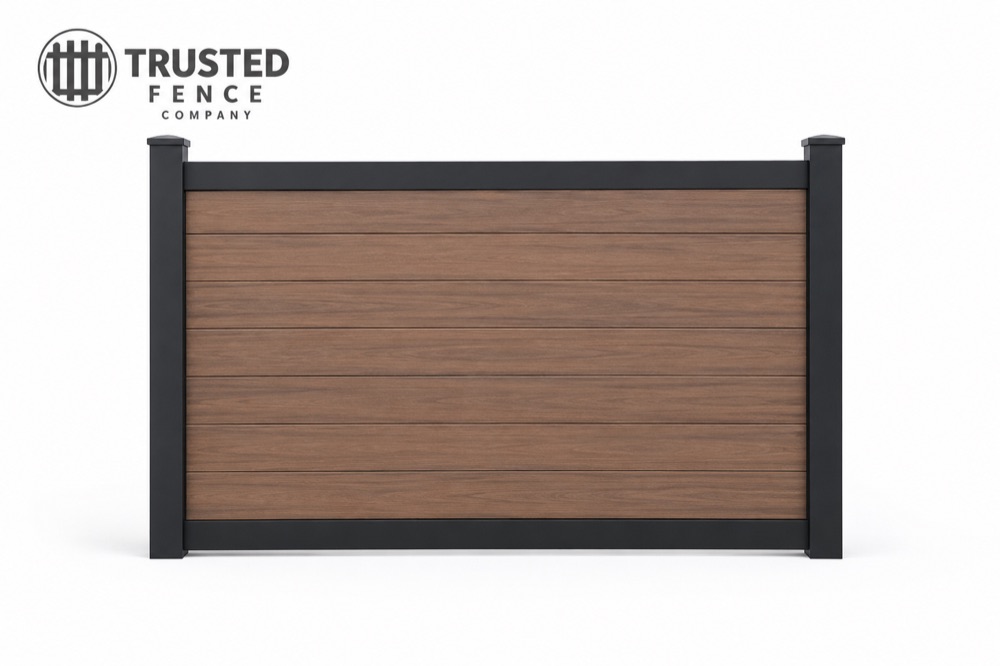 Avimore composite fence panel, dark brown woodgrain with black posts