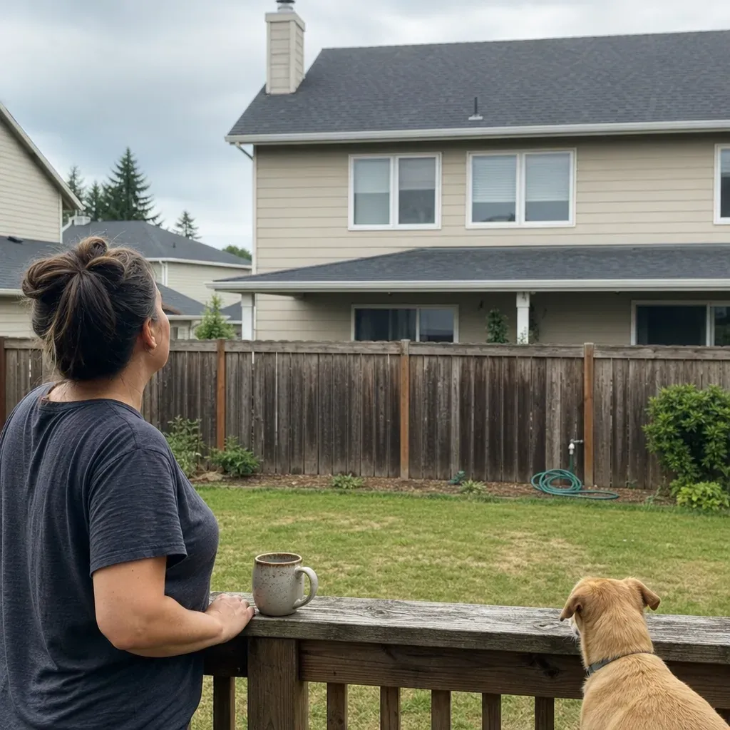 Woman with a coffee mug and her dog on a backyard deck, looking over a wood privacy fence toward a neighbor's two-story house