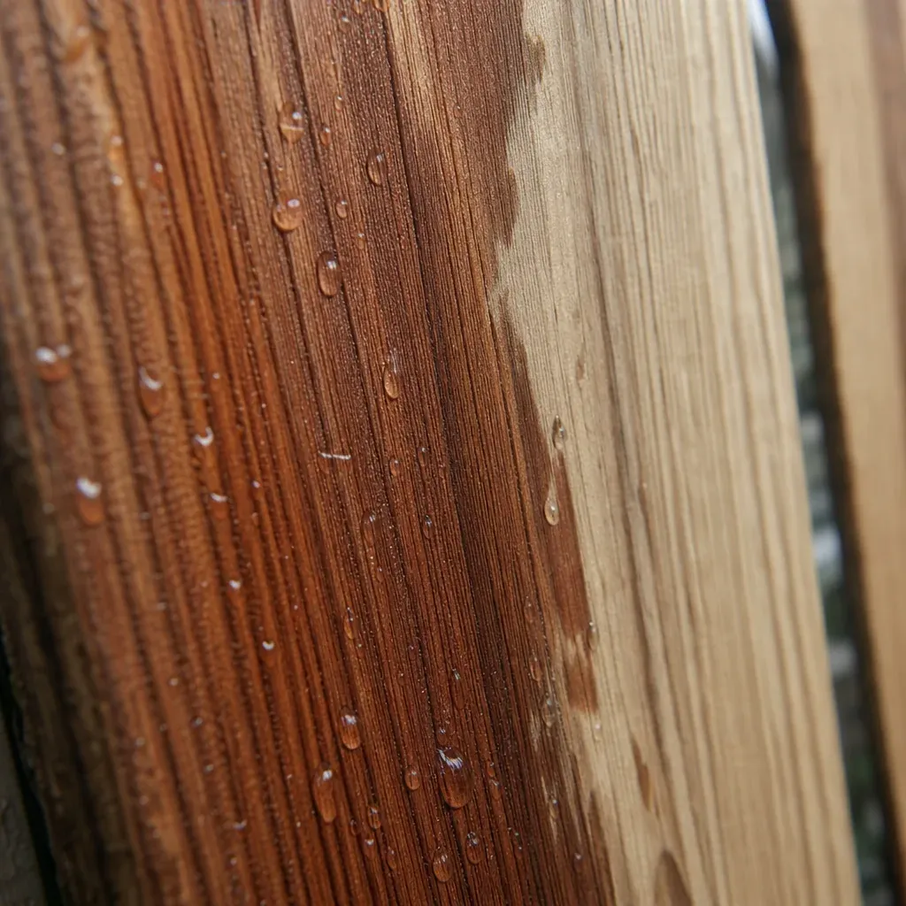 Close-up of water drops on a cedar fence board, with part of the board soaked darker and part still dry