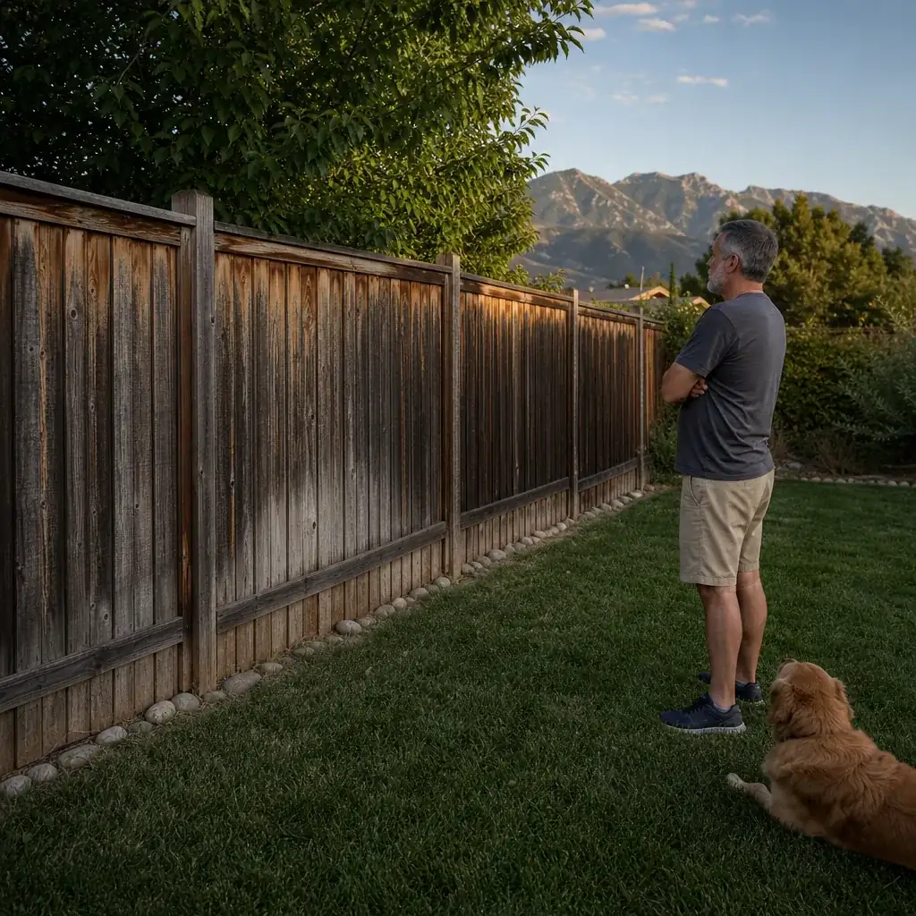 Weathered gray-brown wood privacy fence along a backyard lawn, with a man and a golden dog looking at it and mountains in the distance